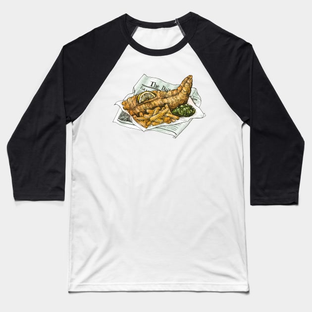 Hand Drawn Fried Fish & Chips Baseball T-Shirt by Mako Design 